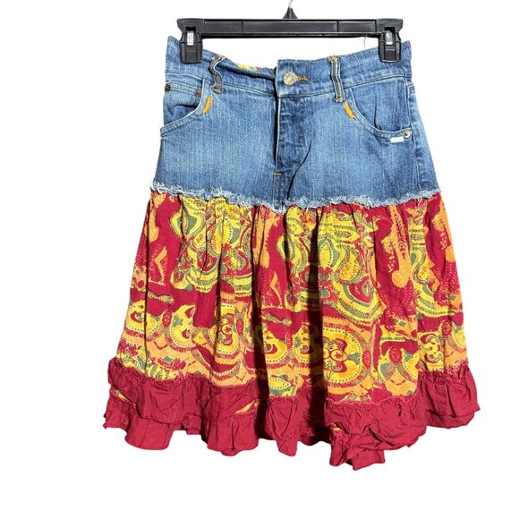 Mix Nouveau Boho Floral Print Ruffle Hem Frayed Jean Skirt Womens Small Red Blue - Picture 1 of 9